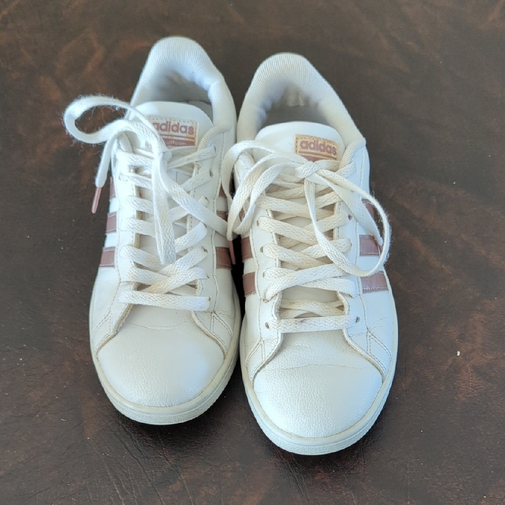 Adidas White Sneakers with Pink Stripes
